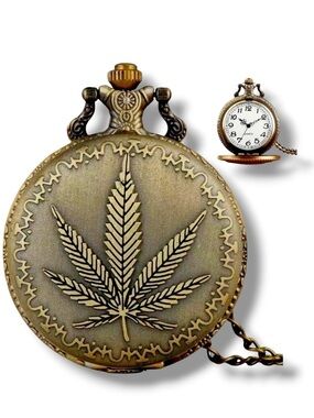 Pocket Watch Bronze Plant Leaf Long Chain Quartz Analog Retro with Gift Pouch